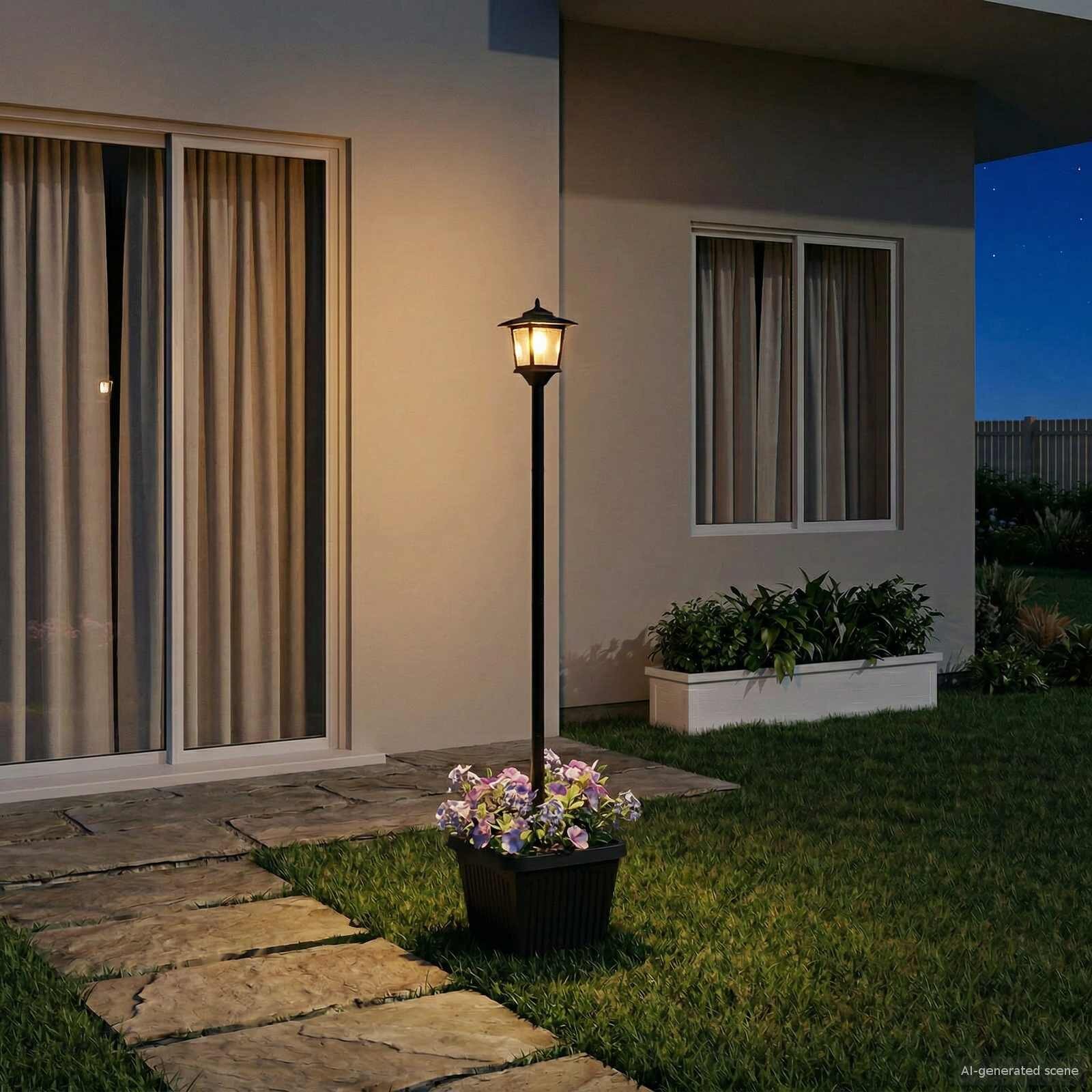 vidaXL Слънчев стълб с саксия with LED Bulb Черно 32 x 32 x 158 см