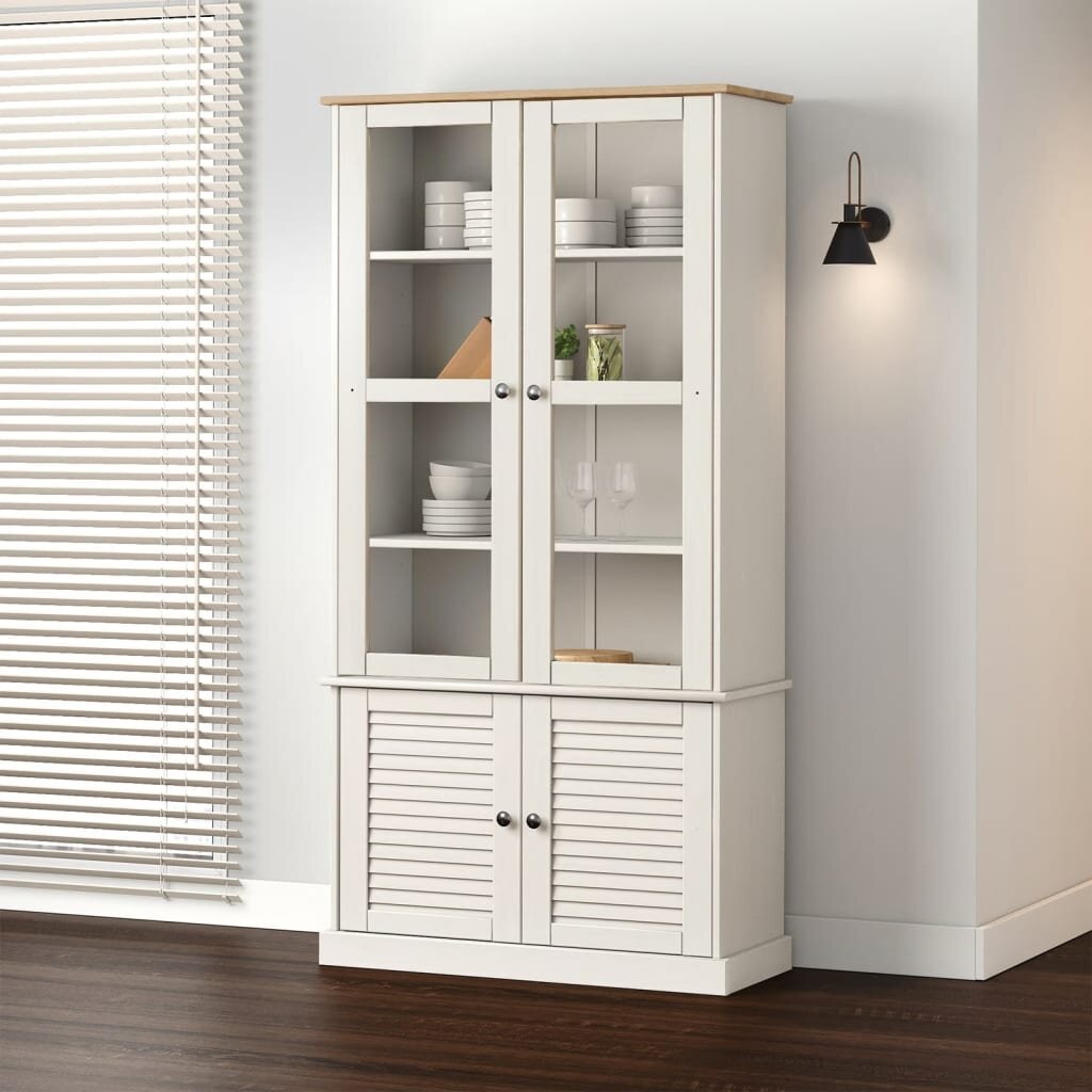 vidaXL Стъклен шкаф витрина VIGO бял 85x35x170 см бор масив