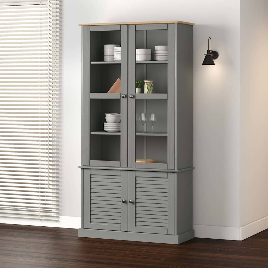 vidaXL Стъклен шкаф витрина VIGO сив 85x35x170 см бор масив