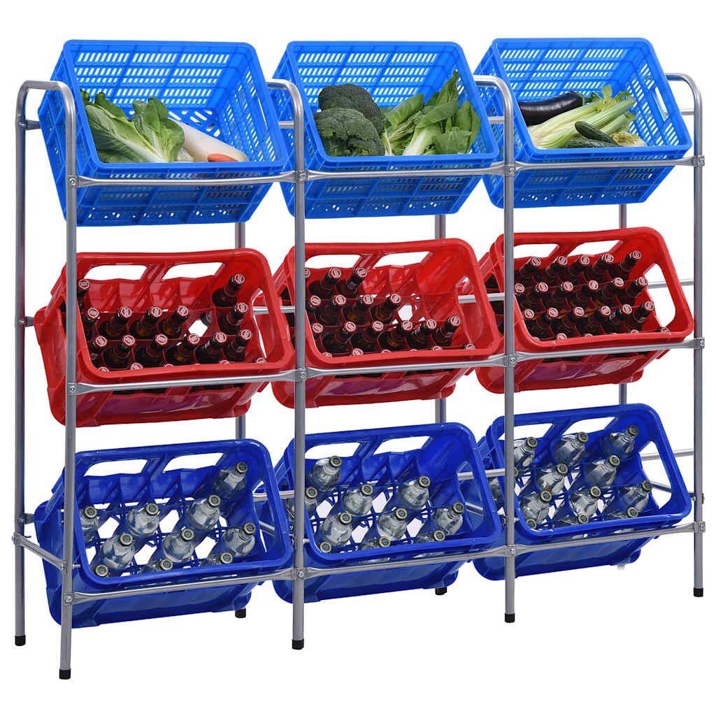 vidaXL Стелаж за съхранение за 9 щайги сребрист 145x33x116 см стомана