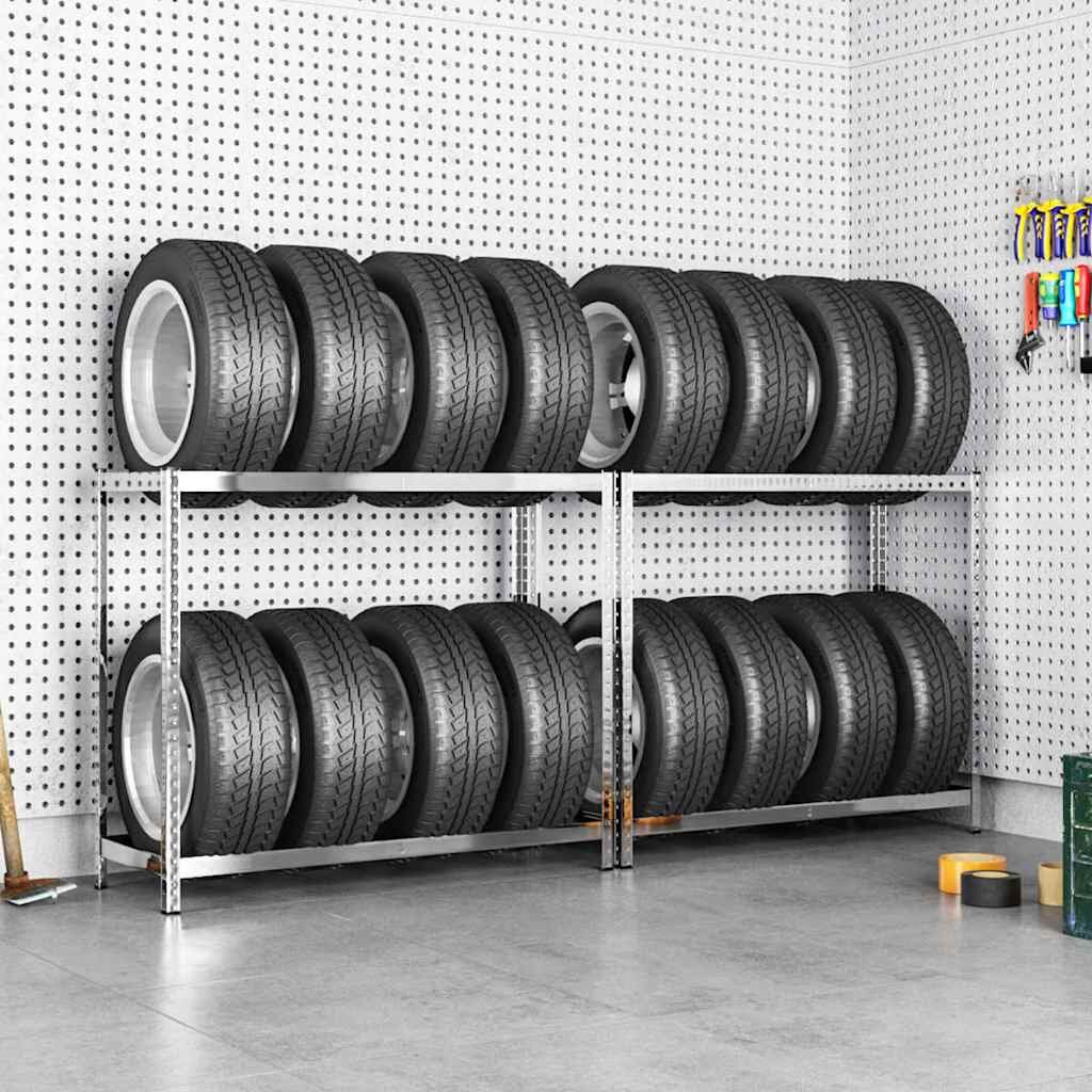 vidaXL Стелажи за гуми с 2 рафта 2 бр сребристи 110x40x110 см стомана