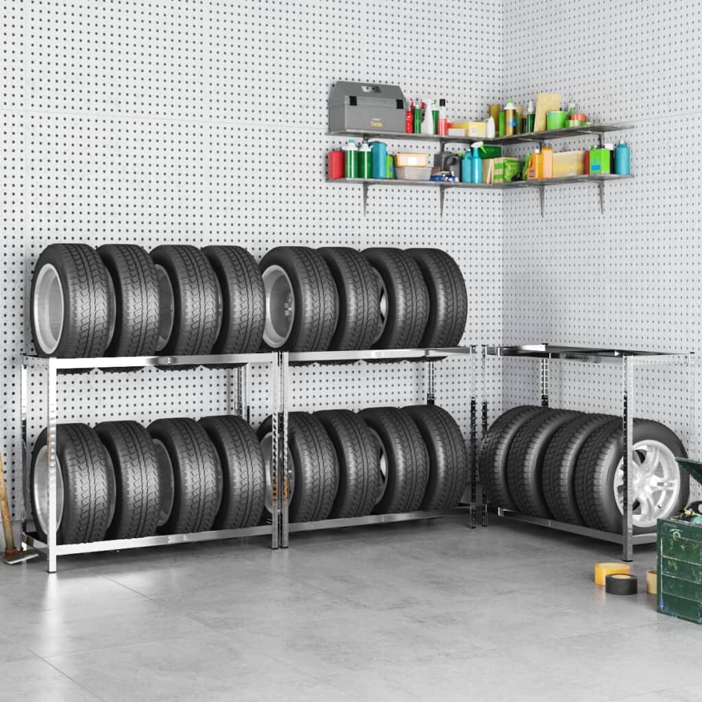 vidaXL Стелажи за гуми с 2 рафта 3 бр сребристи 110x40x110 см стомана