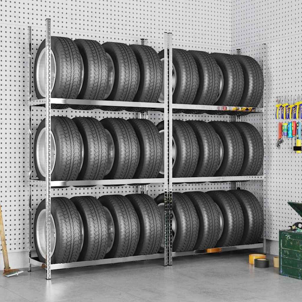vidaXL Стелажи за гуми с 3 рафта 2 бр сребристи 110x40x200 см стомана