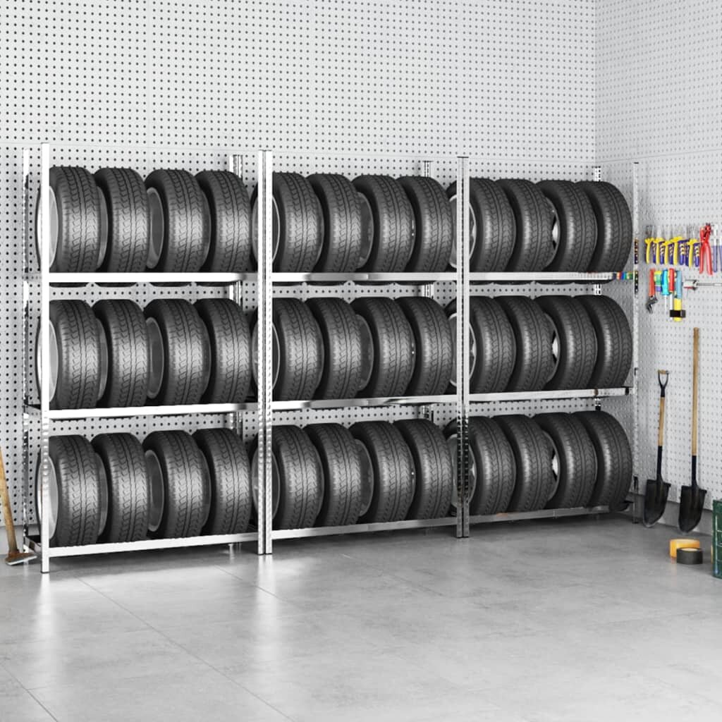 vidaXL Стелажи за гуми с 3 рафта 3 бр сребристи 110x40x200 см стомана