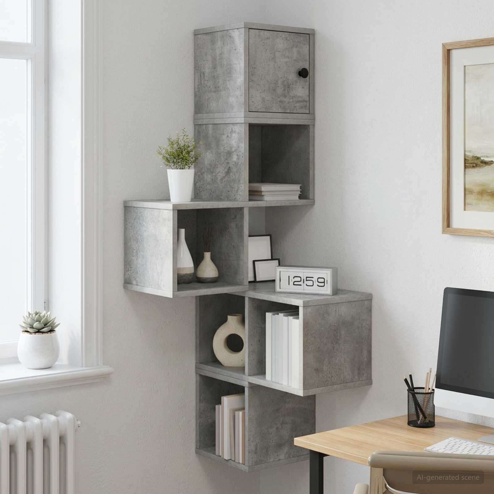 vidaXL Стенен ъглов рафт Бетонно сиво 48 x 48 x 120 см
