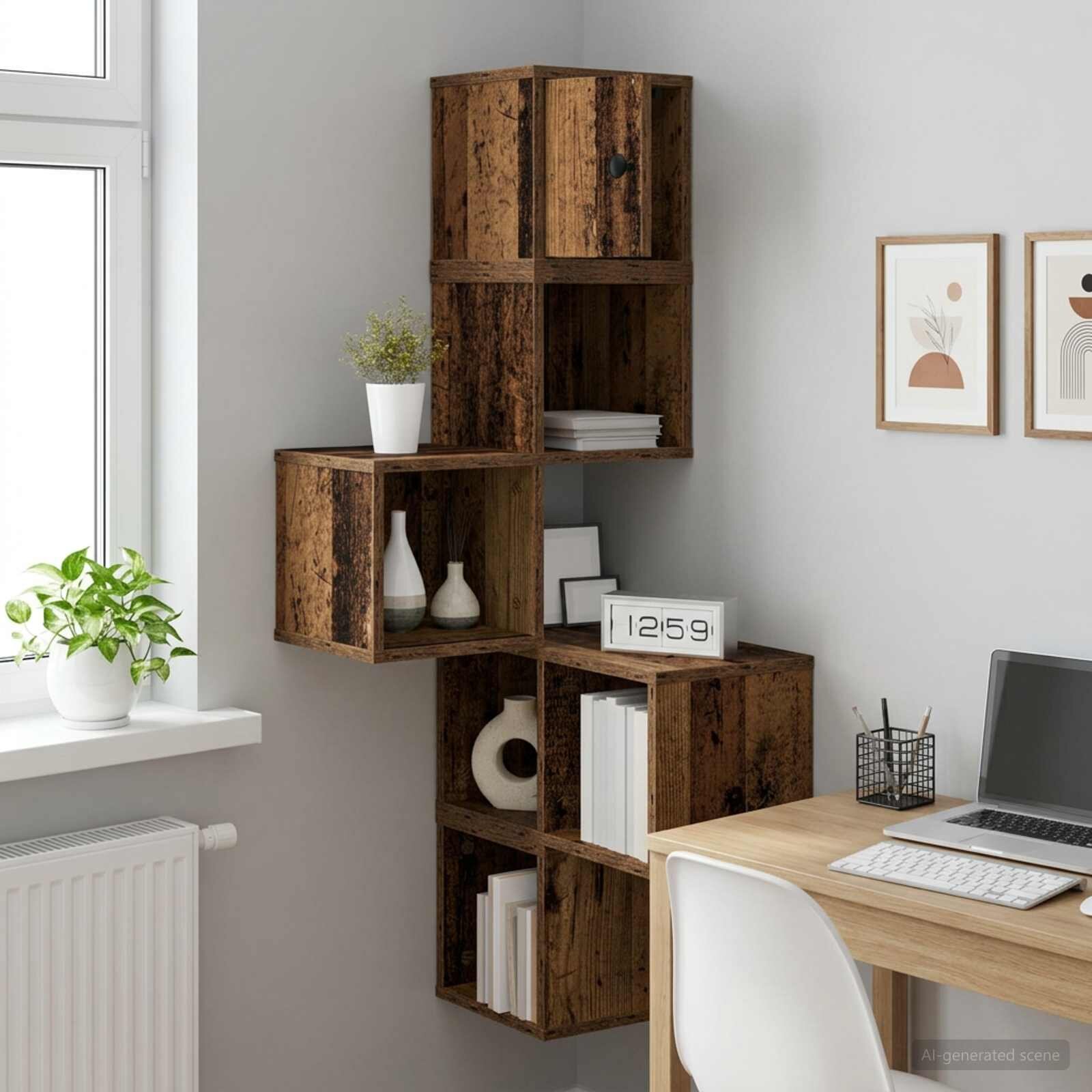 vidaXL Стенен ъглов рафт Старо дърво 48 x 48 x 120 см