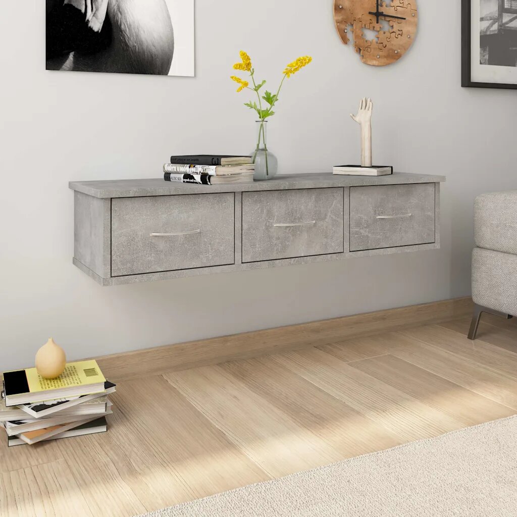 vidaXL Стенен рафт с чекмеджета бетонно сив 88x26x185 см