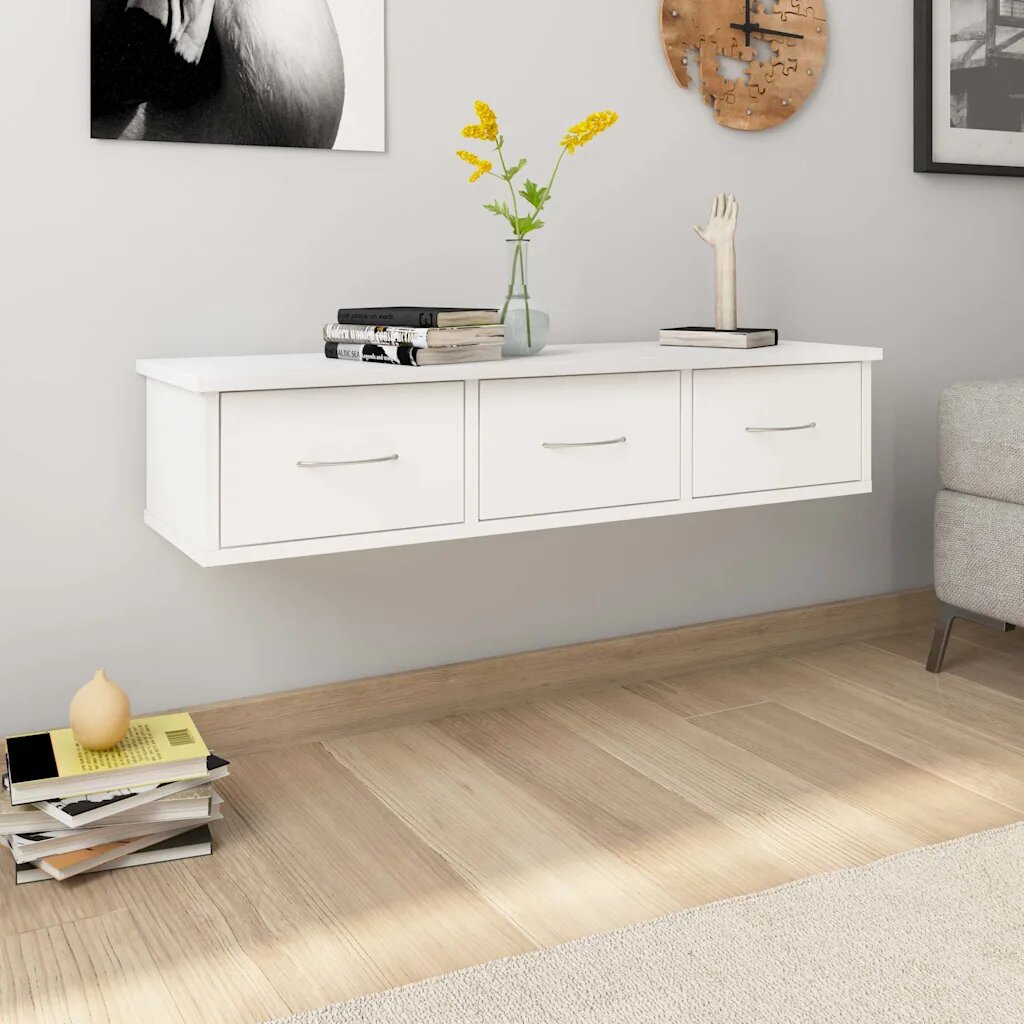 vidaXL Стенен рафт с чекмеджета бял 88x26x185 см инженерно дърво