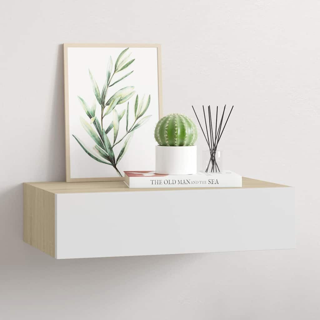 vidaXL Стенен рафт за чекмеджета дъб и бяло 40x235x10 см MDF