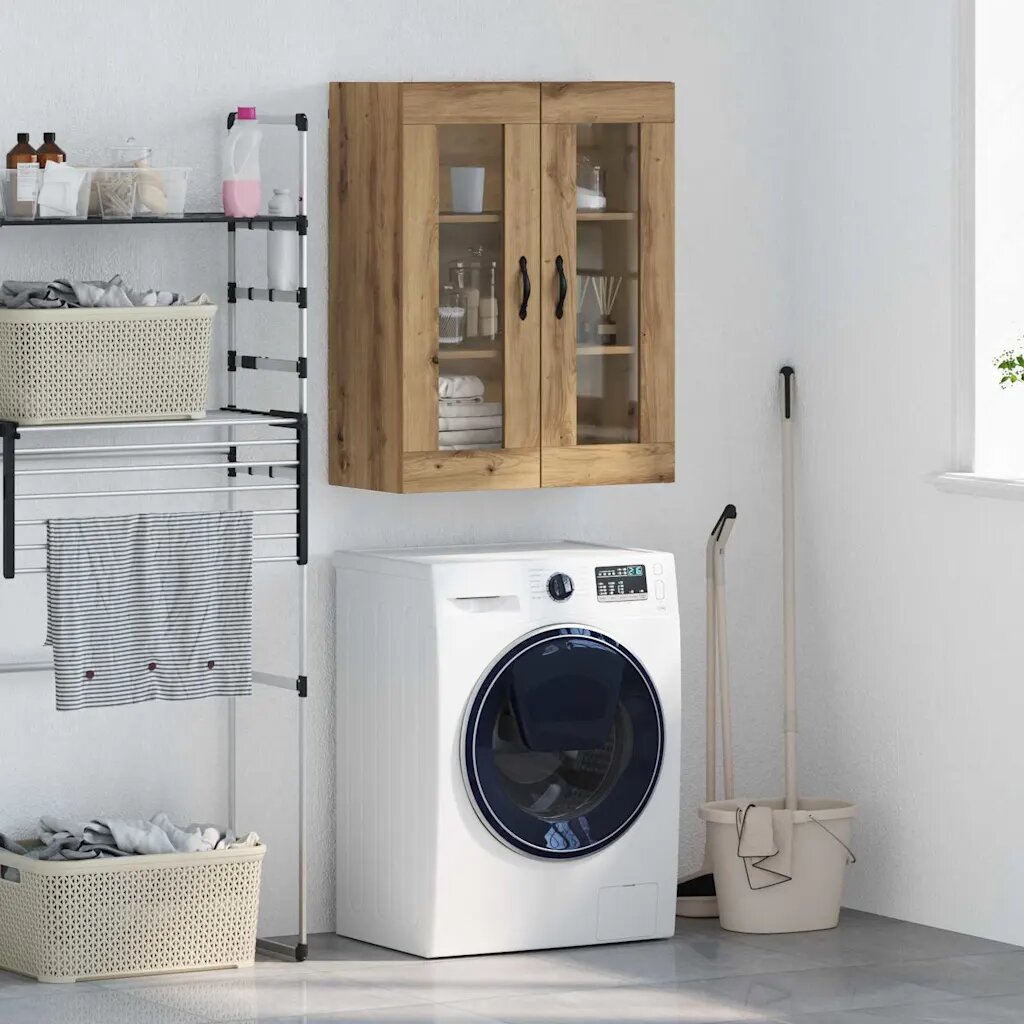 vidaXL Стенен шкаф Дъб 695 x 34 x 90 см Инженерна дървесина и стъкло