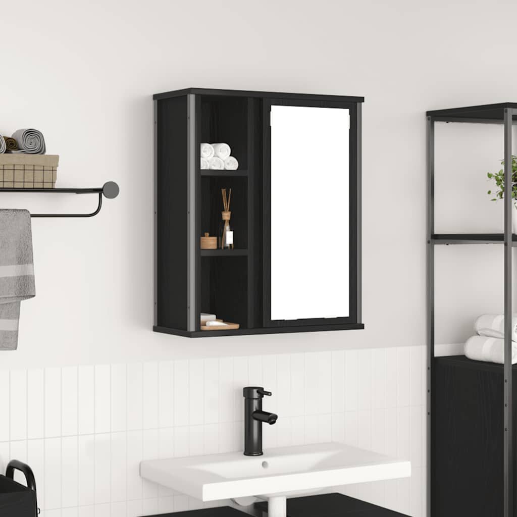 vidaXL Стенен шкаф за баня с огледало черно и дъб 50x21x60 cm