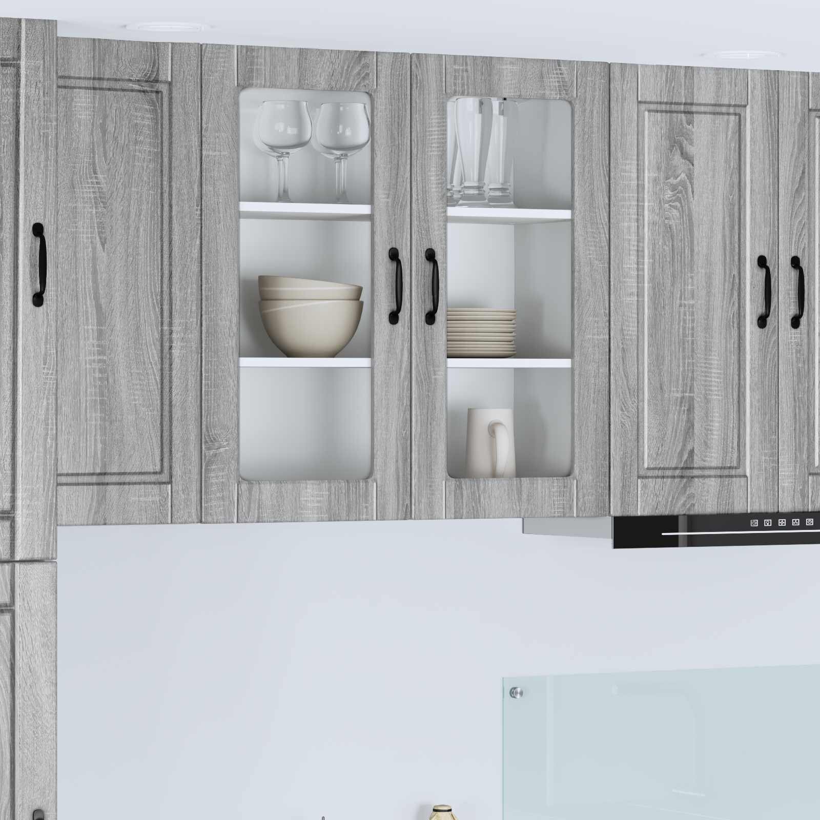 vidaXL Стенен стъклен шкаф PORTO Сив Сонома 80 x 31 x 80 см