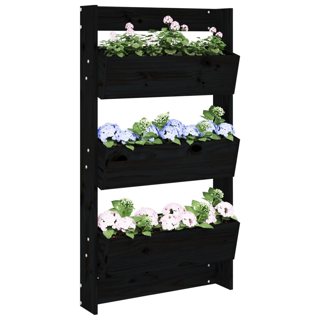 vidaXL Стенни кашпи 3 нива 60x185x110 см черни бор масивна дървесина
