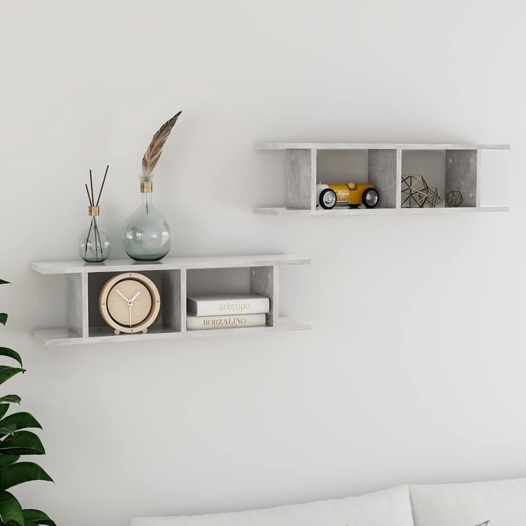 vidaXL Стенни рафтове 2 бр бетонно сиви 75x18x20см инженерно дърво