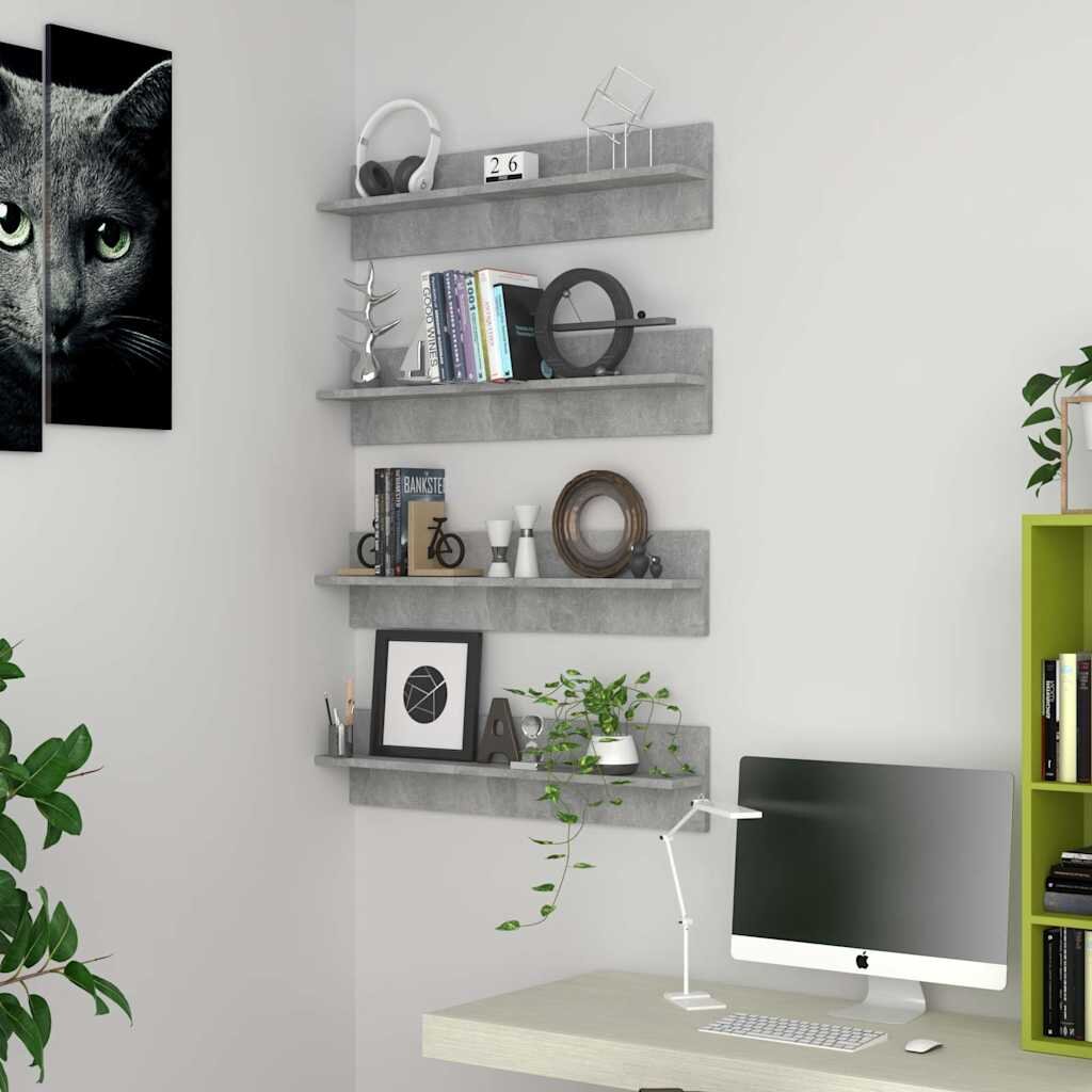 vidaXL Стенни рафтове 4 бр бетонно сиви 80x115x18 см инженерно дърво