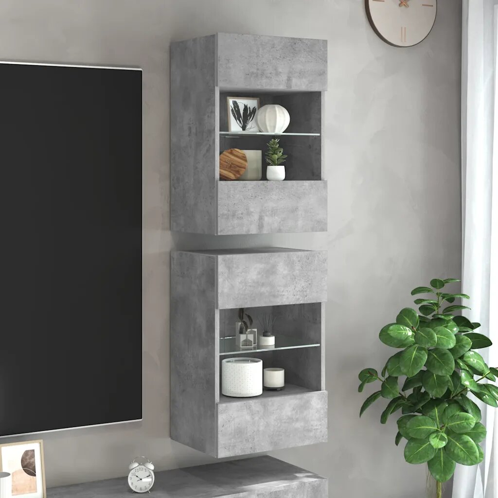 vidaXL Стенни шкафове с LED светлини за телевизор 2 бр бетонно сив 40x30x605 см
