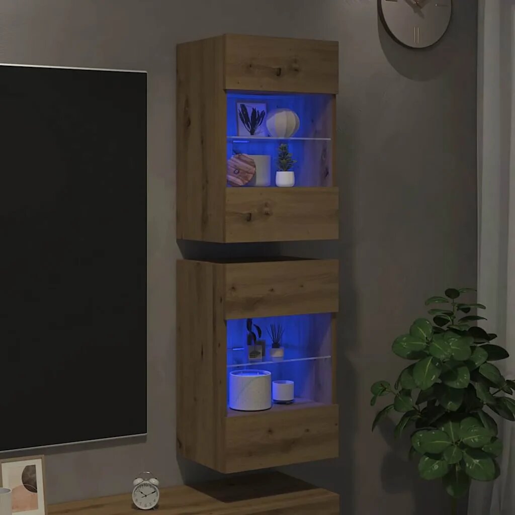 vidaXL Стенни шкафове с LED светлини за телевизор 2 бр дъб артизан 40x30x605 см