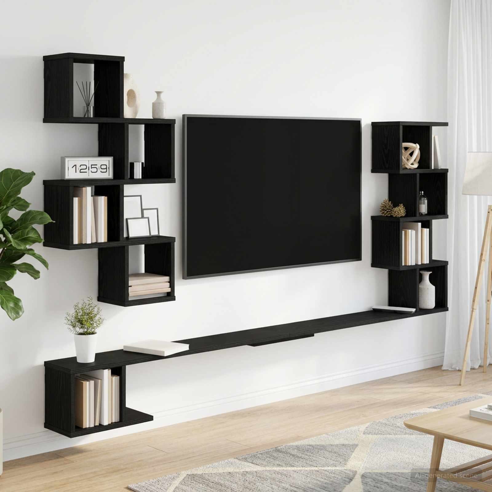 vidaXL Стенно монтирано телевизионно рафтче Черен дъб 200 x 15 x 94 см