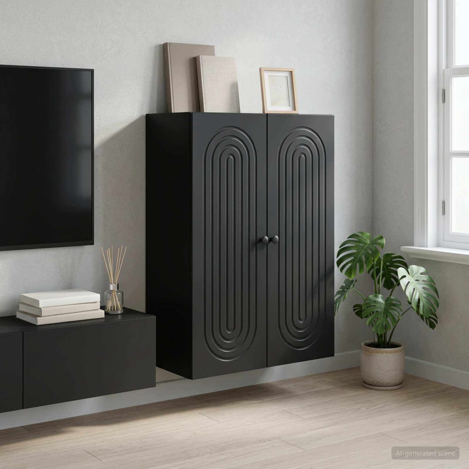 vidaXL Стенно шкафче Черно 66 x 345 x 90 см Инженерна дървесина