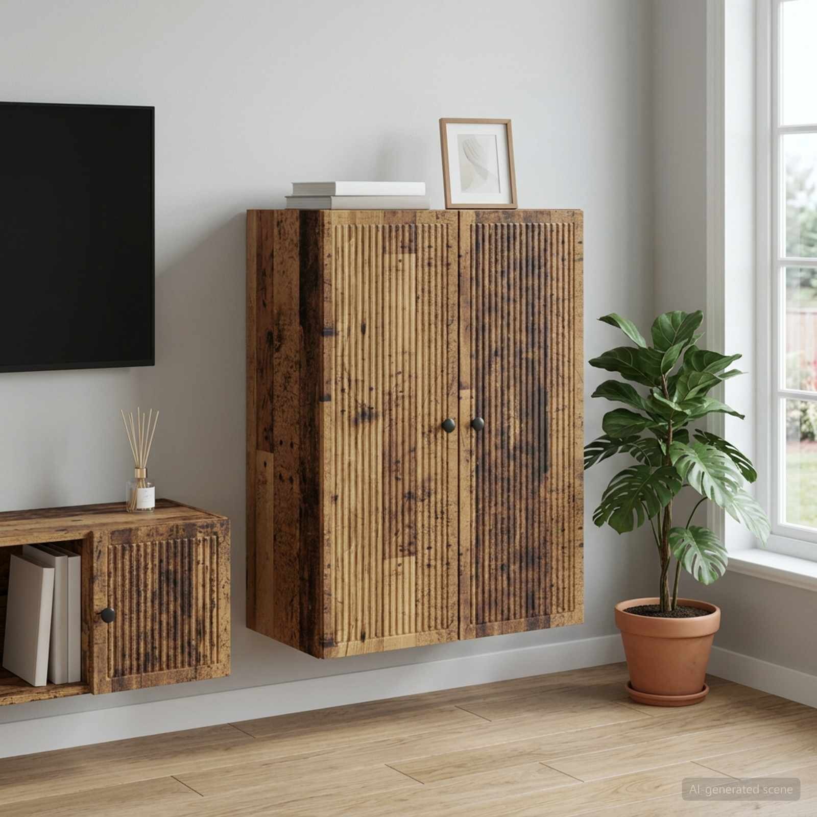 vidaXL Стенно шкафче Старо дърво 66 x 345 x 90 см Инженерна дървесина