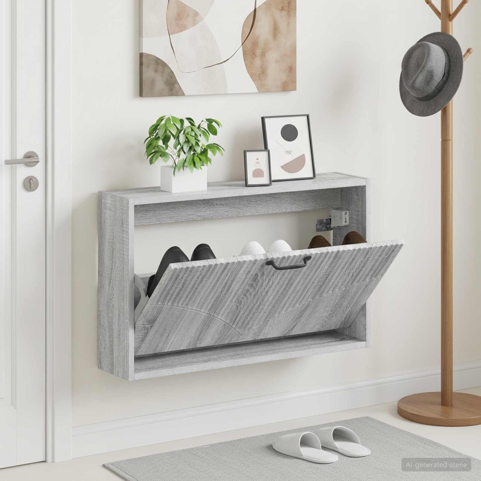 vidaXL Стенно шкафче за обувки HOORN 71 x 17 x 43 см Сив Сонома