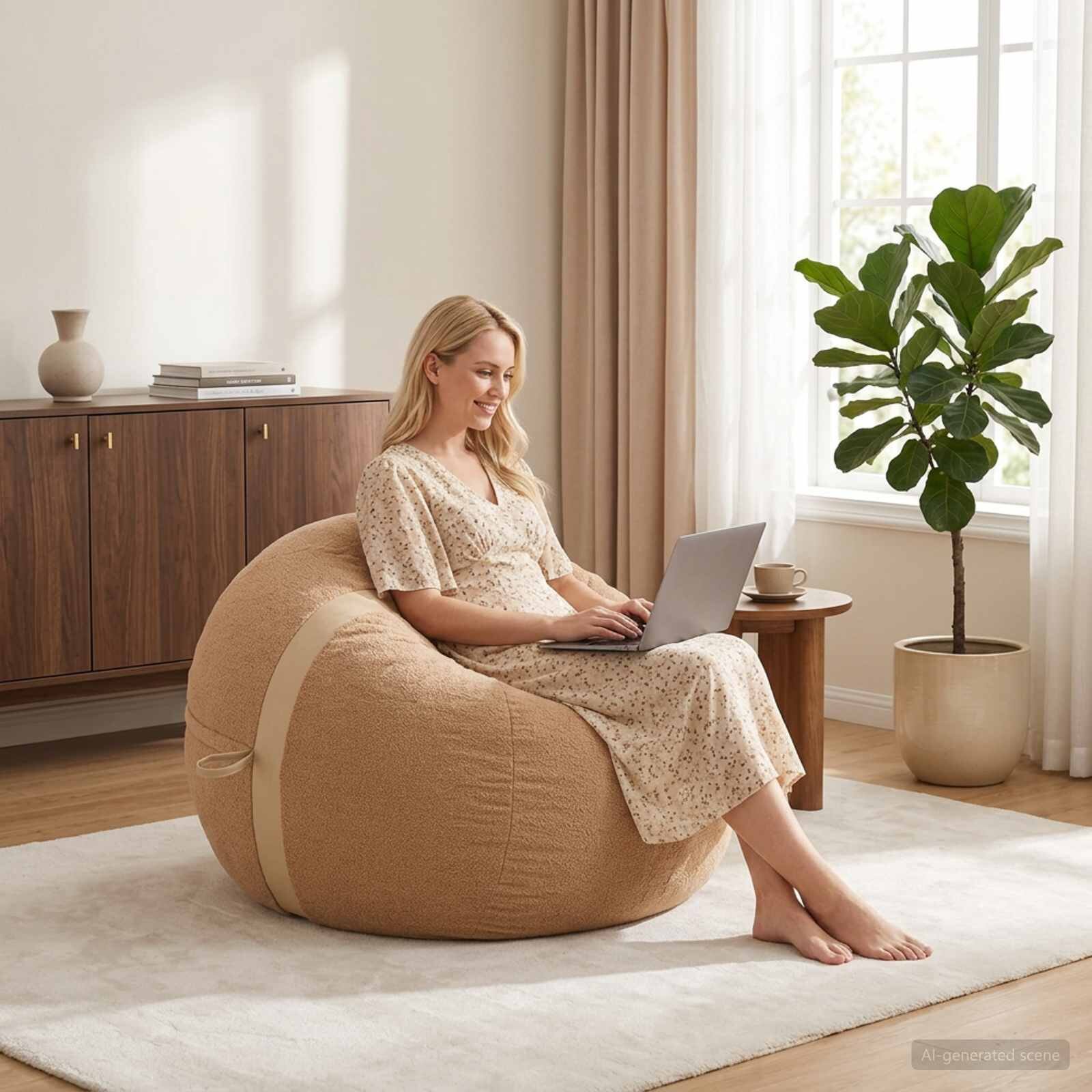 vidaXL Стол тип боб Бежово 95 x 93 x 71 см Шерпа