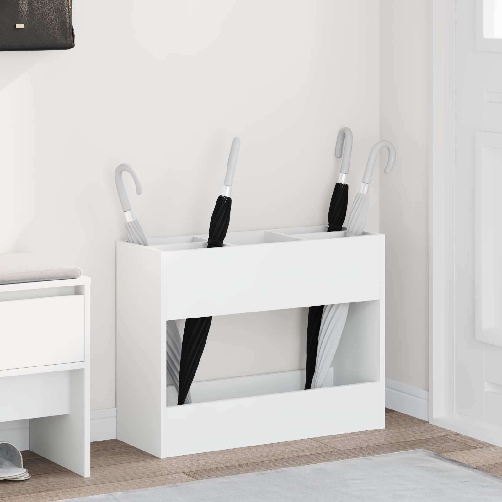vidaXL Стойка за чадър Бяло 65 x 24 x 50 см Инженерна дървесина