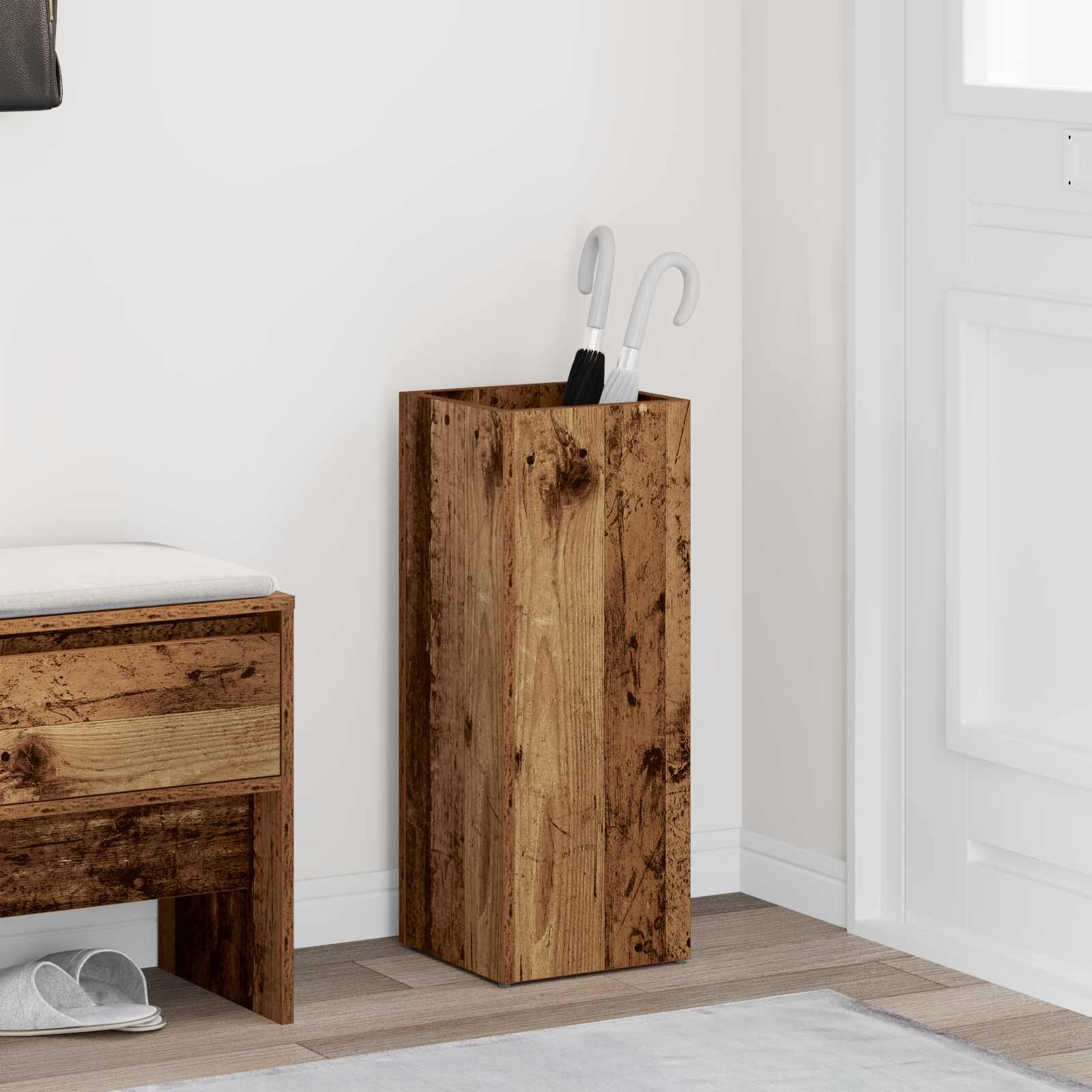 vidaXL Стойка за чадър със съхранение Старо дърво 25 x 245 x 64 см