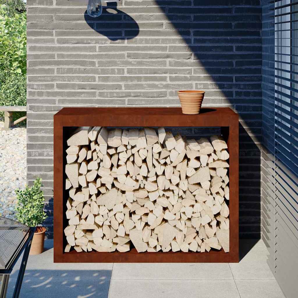 vidaXL Стойка за дърва за огрев 100x40x80 cm Патинираща стомана