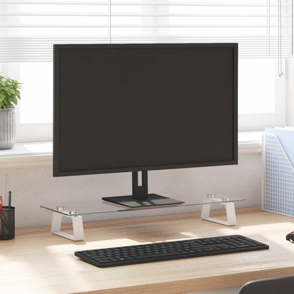 vidaXL Стойка за монитор бяла 60x20x8 см закалено стъкло и метал