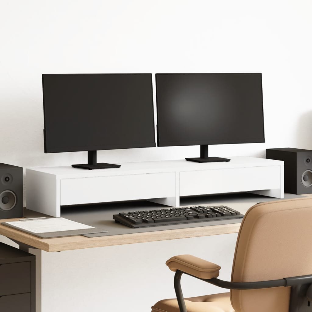 vidaXL Стойка за монитор с чекмеджета бяла 100x27x15 см инженерно дърво