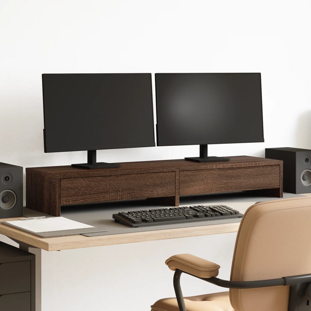 vidaXL Стойка за монитор с чекмеджета кафяв дъб 100x27x15 см
