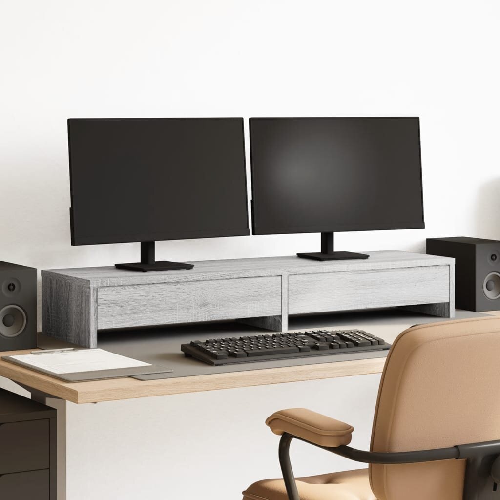 vidaXL Стойка за монитор с чекмеджета сив сонома 105x23x155 см