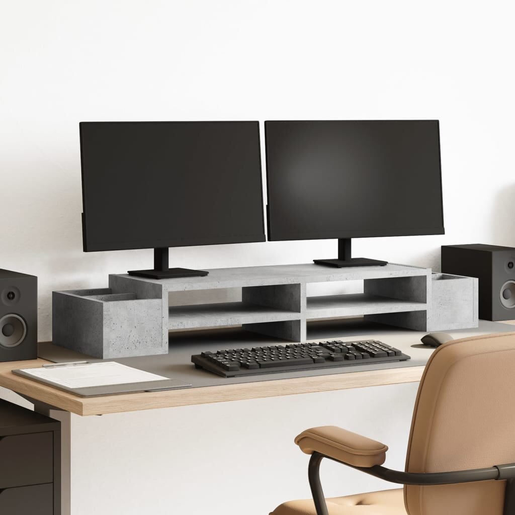 vidaXL Стойка за монитор с място за съхранение сив бетон 100x27x15 см