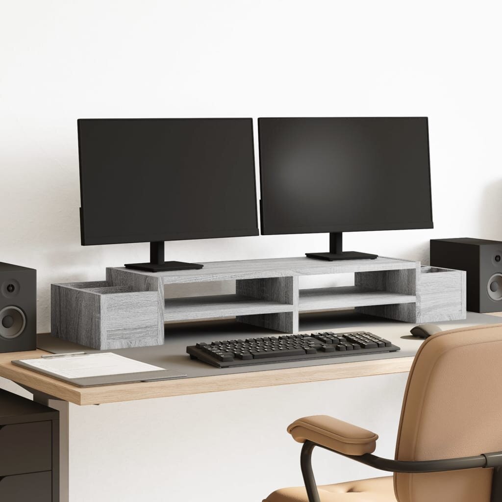 vidaXL Стойка за монитор с място за съхранение сив сонома 100x27x15 см