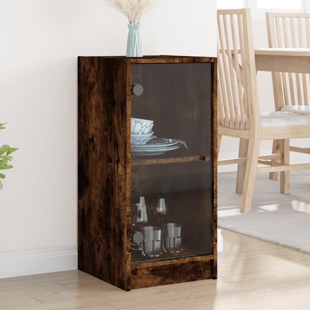 vidaXL Страничен шкаф със стъклени врати опушен дъб 35x37x755 cm