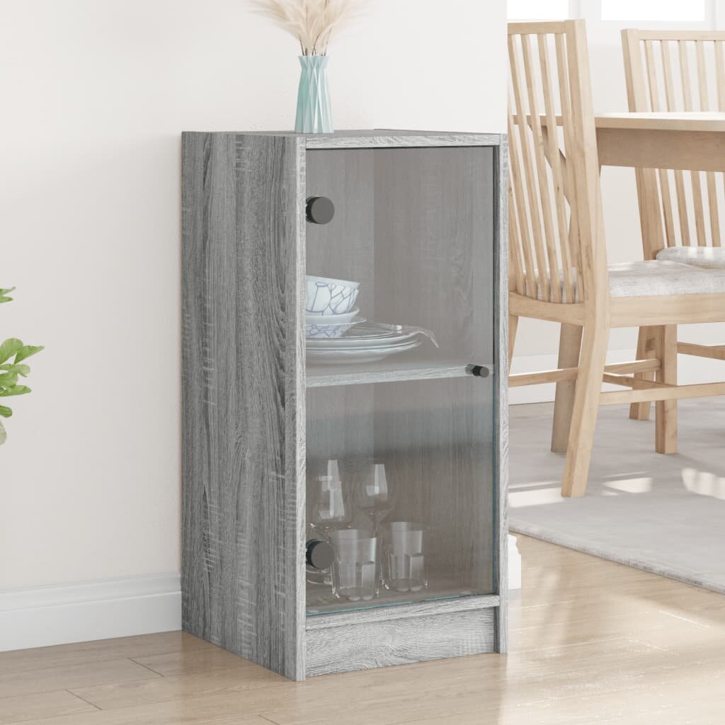 vidaXL Страничен шкаф със стъклени врати сив сонома 35x37x755 см