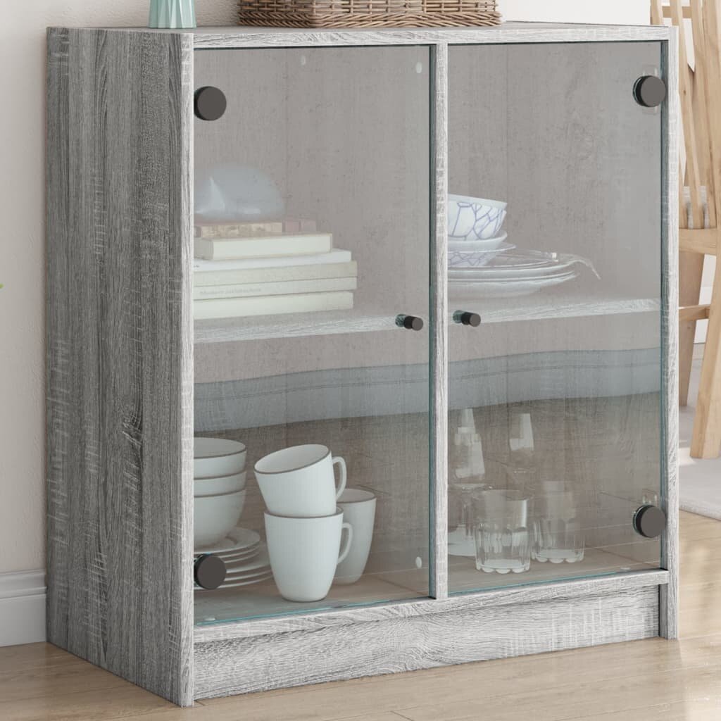 vidaXL Страничен шкаф със стъклени врати сив сонома 68x37x755 см
