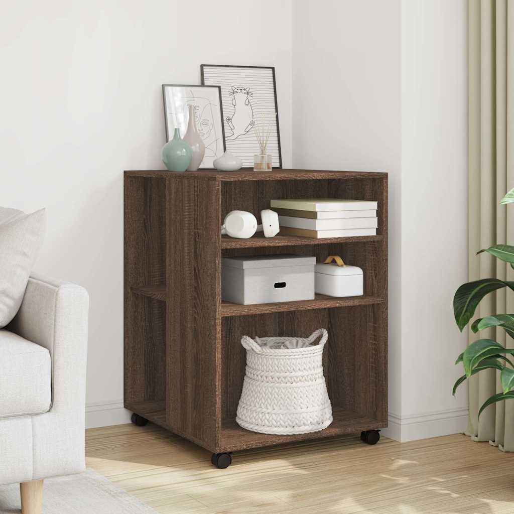 vidaXL Странична маса с колела кафяв дъб 55x60x78 см инженерно дърво