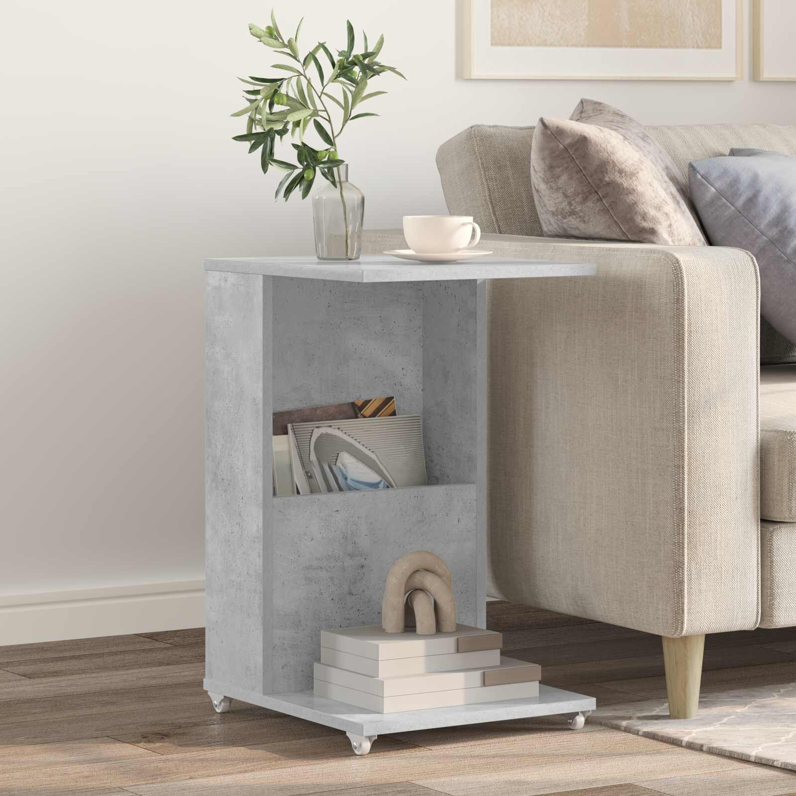vidaXL Странична маса с колело Циментено сиво 40 x 35 x 60 см