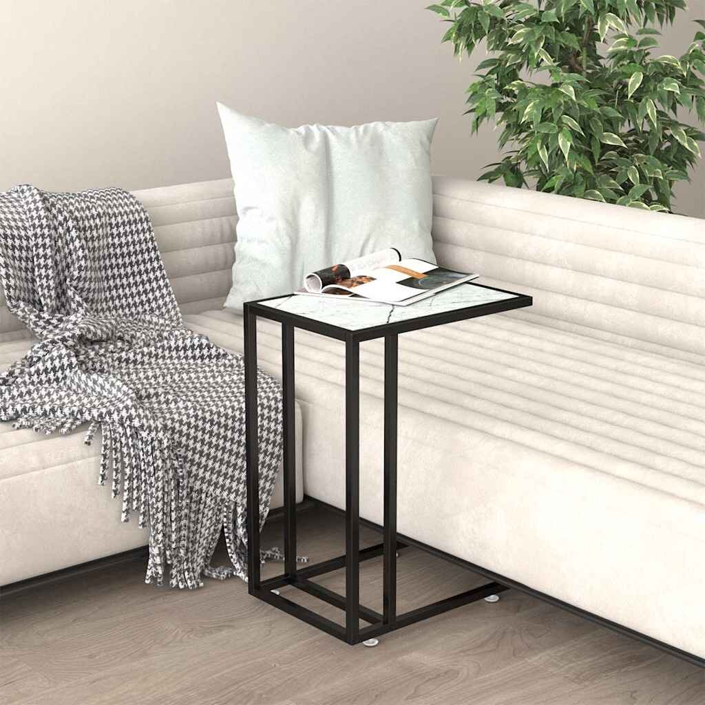vidaXL Странична маса за компютър бял мрамор 50x35x65 см стъкло