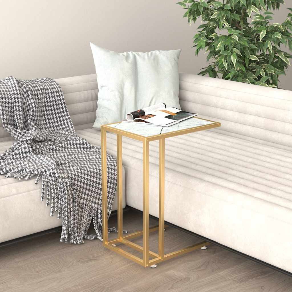 vidaXL Странична маса за компютър бял мрамор 50x35x65 см стъкло