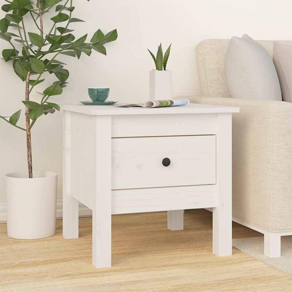 vidaXL Странична масичка бяла 40x40x39 см борово дърво масив