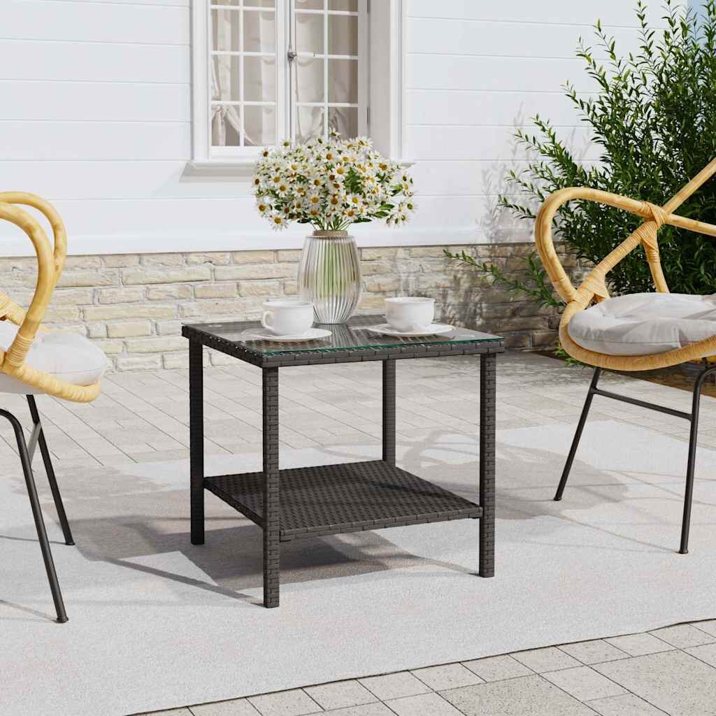 vidaXL Странична масичка черна 45x45x45 см полиратан и закалено стъкло