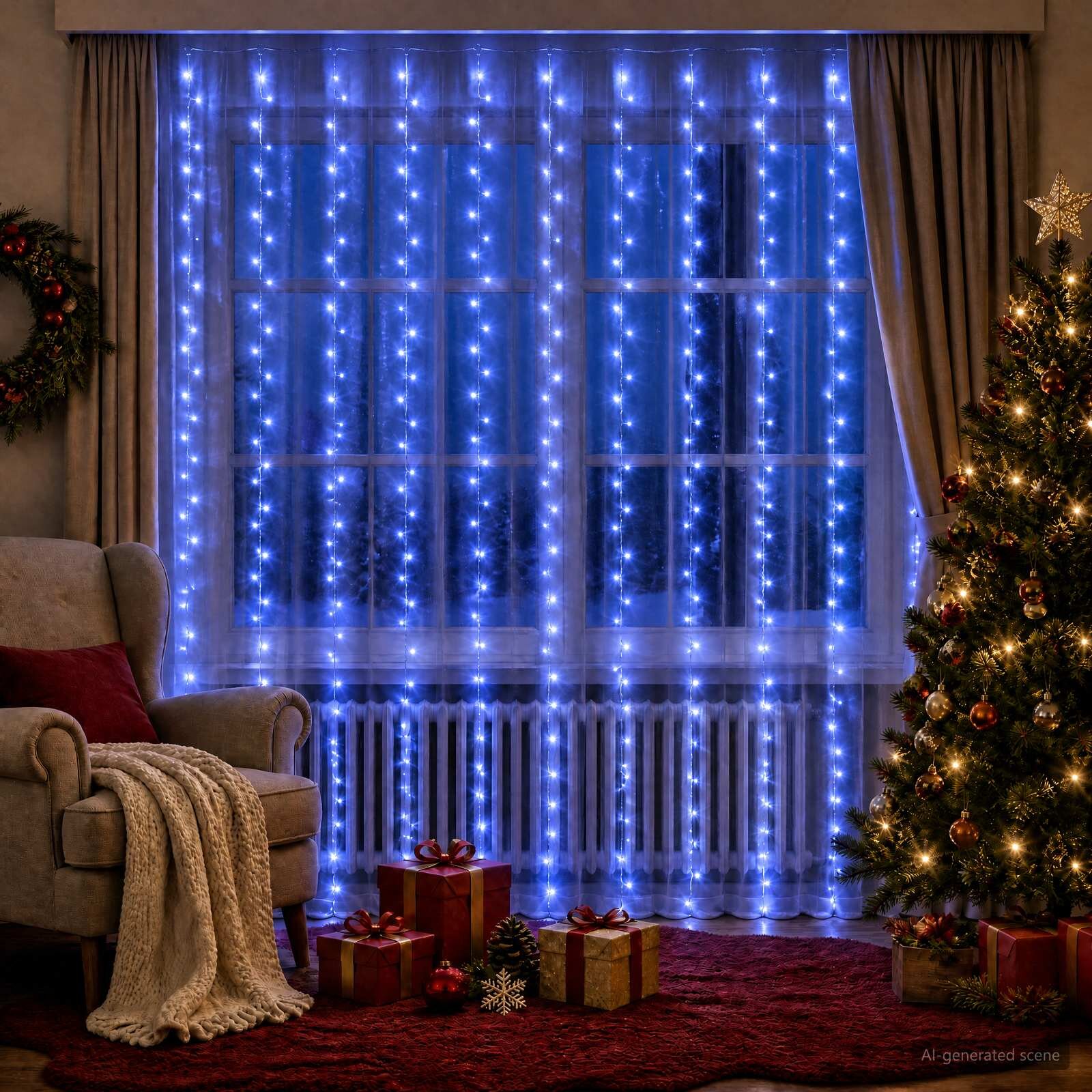 vidaXL Светеща завеса 300 LED светодиода Синьо 300 x 300 cm