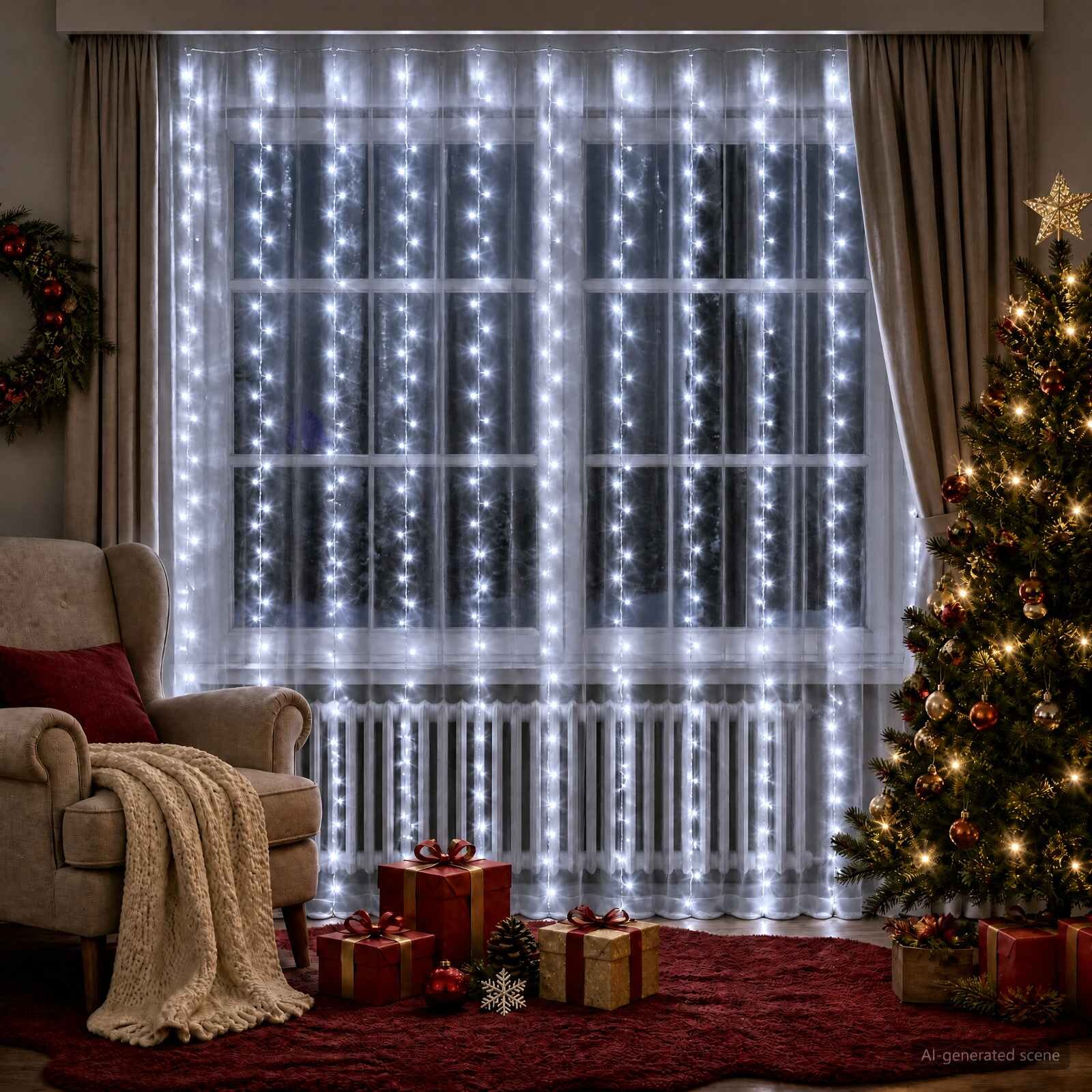 vidaXL Светеща завеса 300 LED светодиода Студено бяло 300 x 300 cm