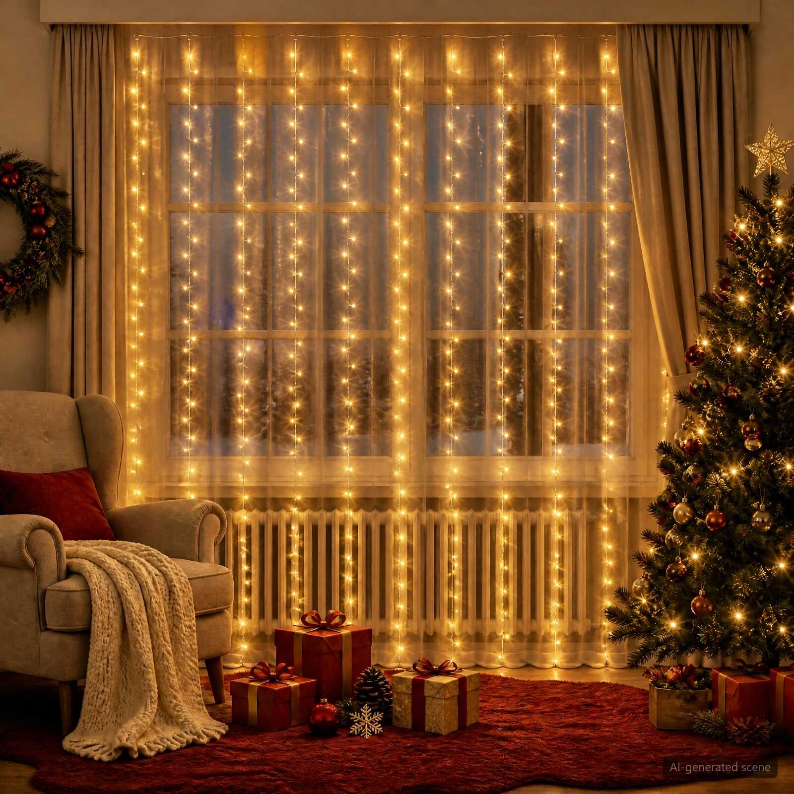 vidaXL Светеща завеса 300 LED светодиода Топло бяло 300 x 300 cm