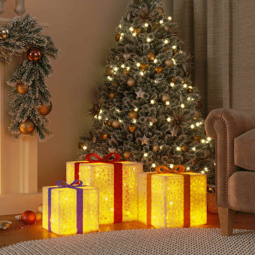vidaXL Светещи коледни кутии 3 бр 64 LED светлини топло бяло