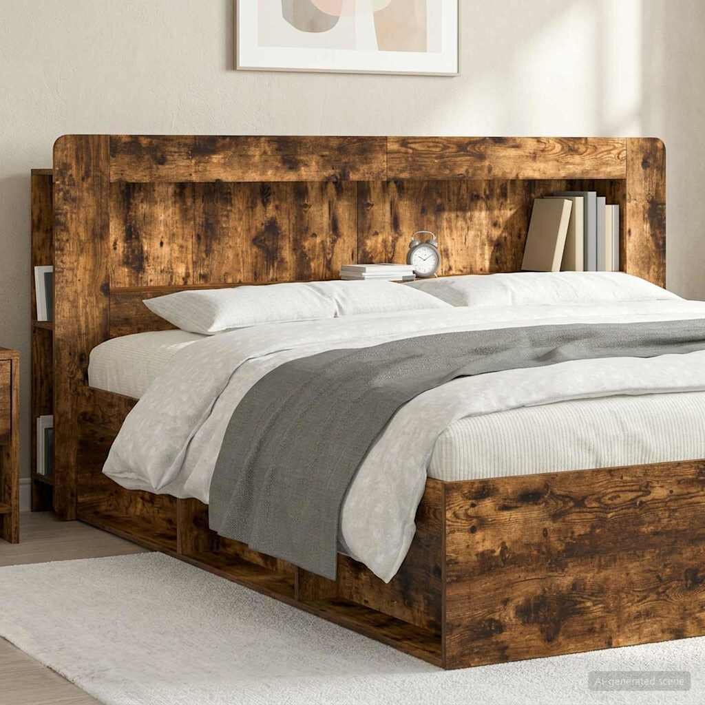 vidaXL Табла за легло със съхранение Пушена Дъб 215 x 185 x 100 см