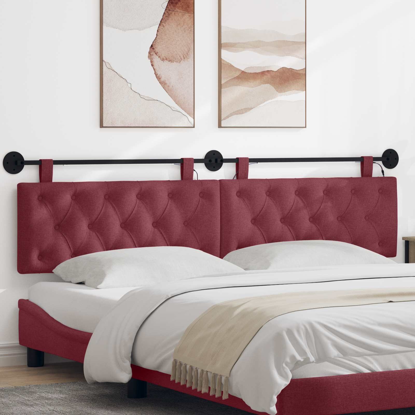 vidaXL Табла за легло висяща С LED осветление Виненочервен Текстил